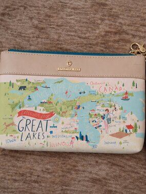 Spartina 449 Great Lakes Wristlet Clutch Coastal Travel Map Pouch Beige Aqua